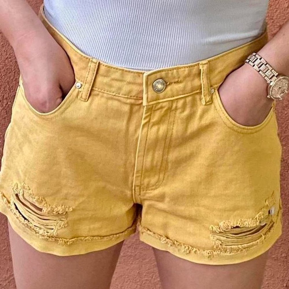Yellow Denim Ripped Shorts